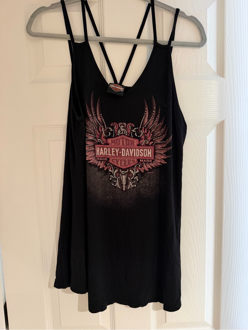 Harley-Davidson Black Tank with Pink Rhinestone Wing Logo